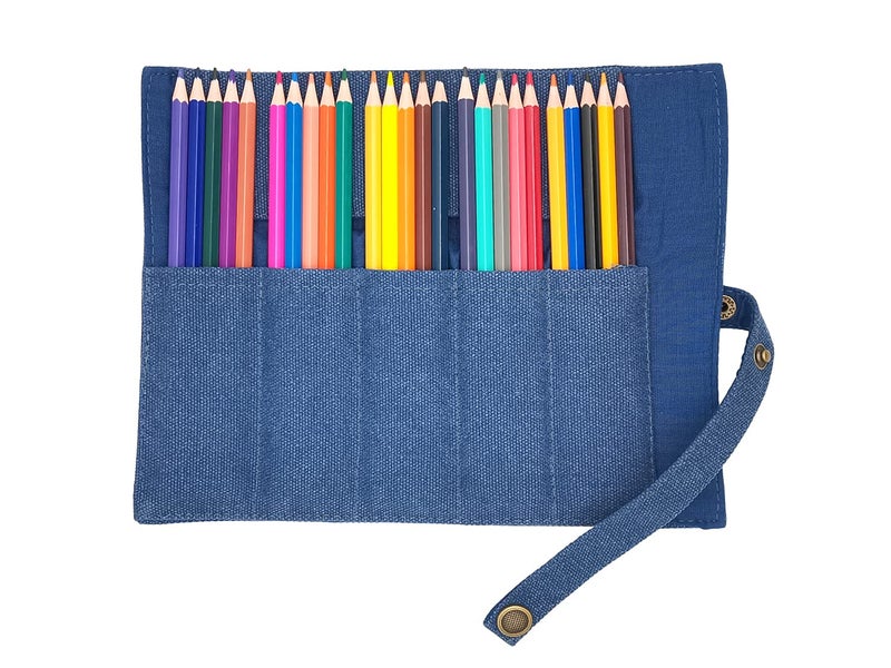 Funny live Pure Color Pen Pencil Wrap Pencils Roll Holder,Simple Retro Style Pen Pouch Bag Coloring Pencils Organizer Holder Colored Pen Paint Brush Storage Pouch (Blue) - Image 5